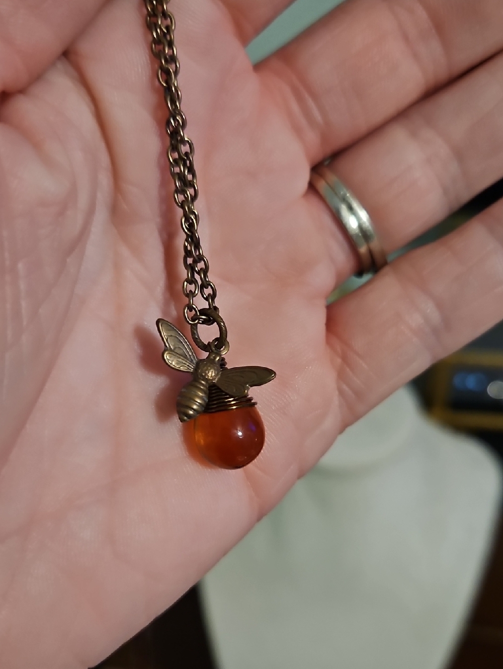 Honeybee Pendant Necklace with Amber Glass Orb - Women Jewelry
